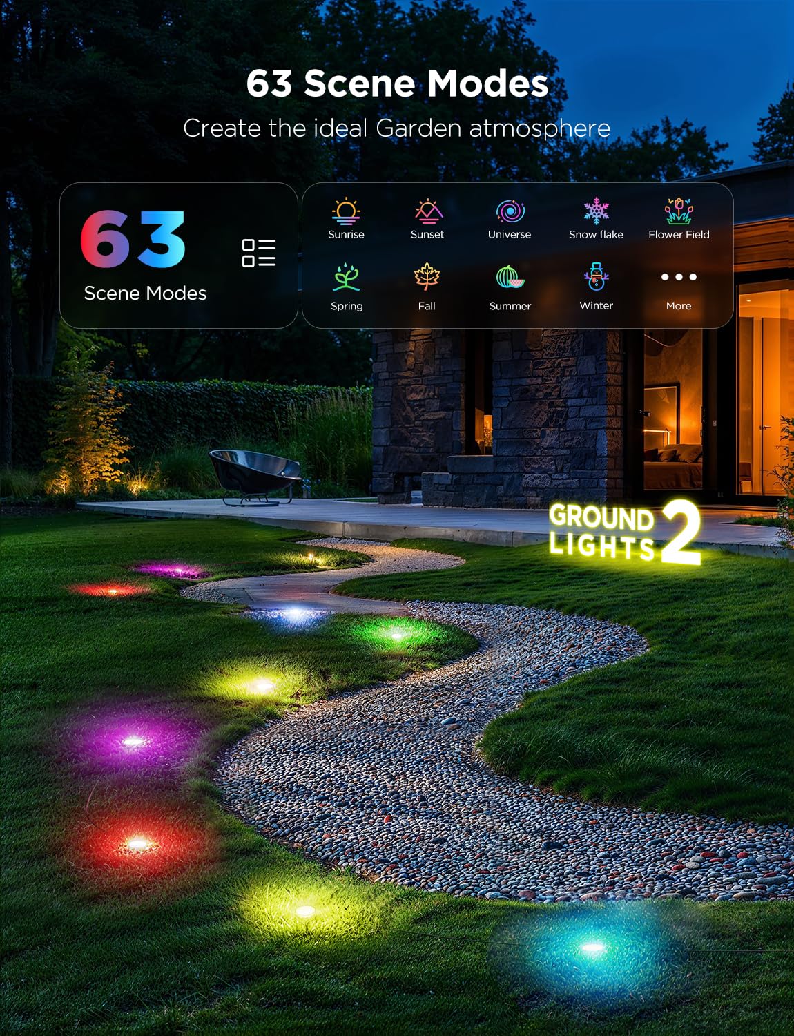 Govee Outdoor Ground Lights 2 RGBIC colors lighting different sections with 16 million hues