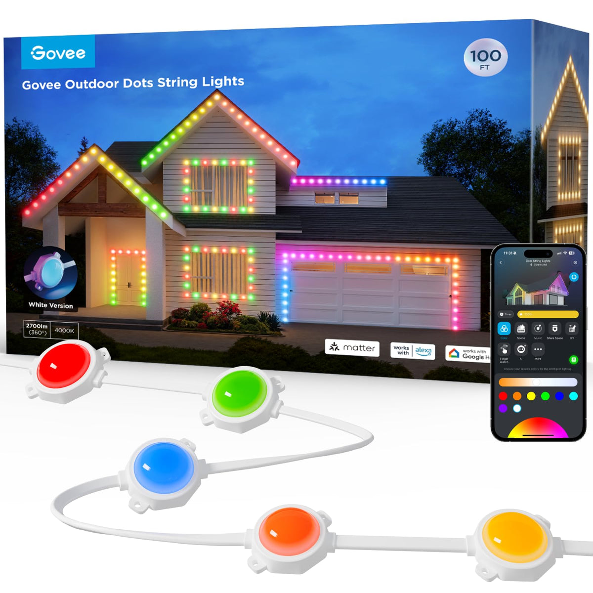 Govee outdoor LED strip lights 100ft for expansive exterior color effects.