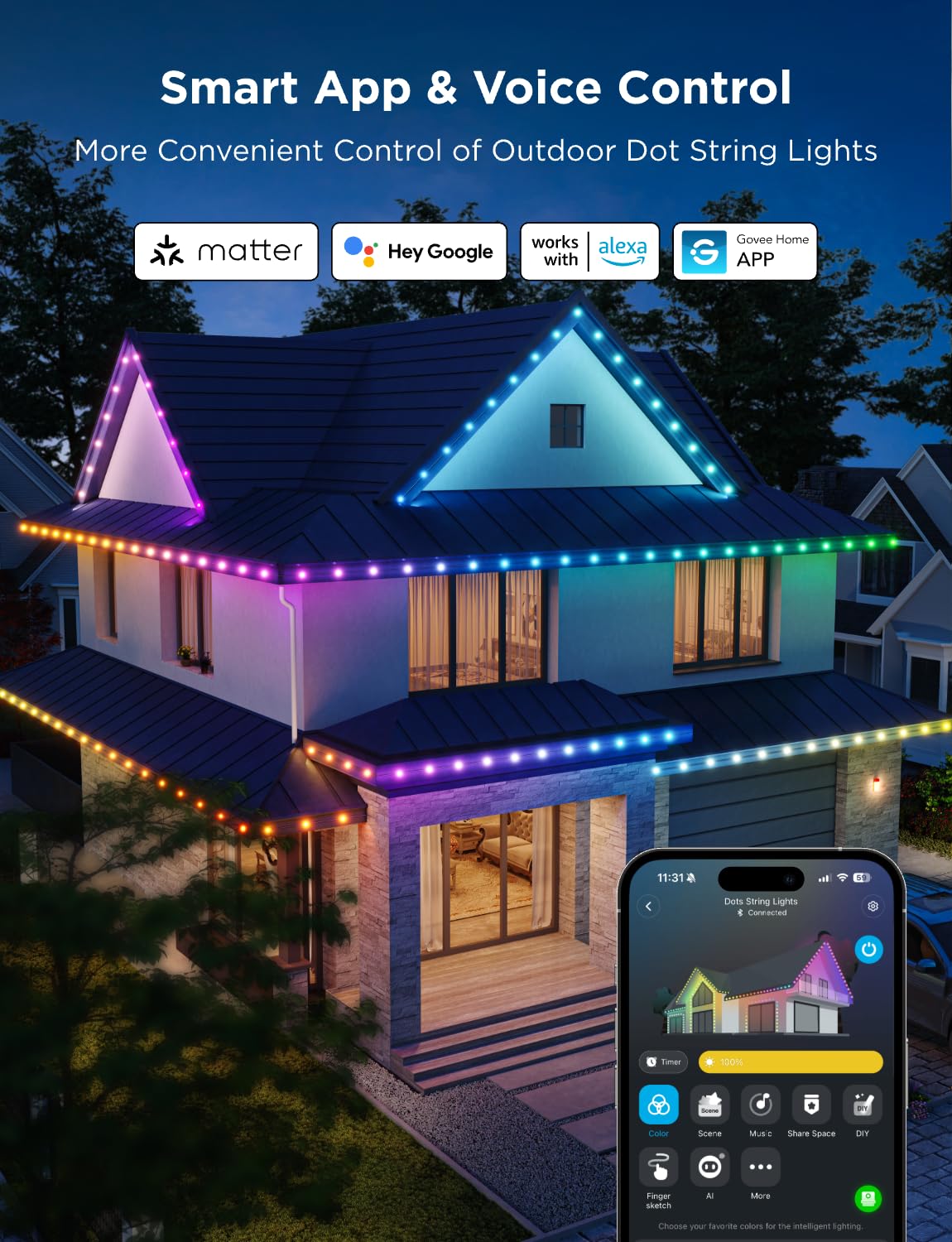 Govee outdoor lights with 65 scene modes for versatile ambiance.