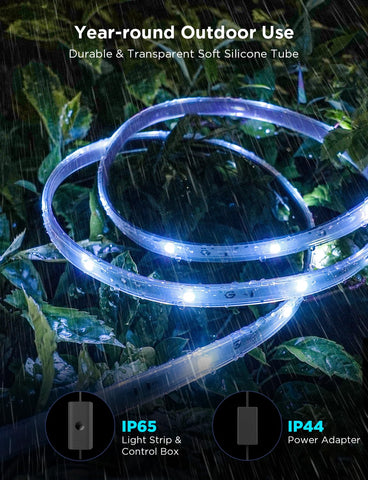Govee 98.4ft strip length supports expansive outdoor setups.