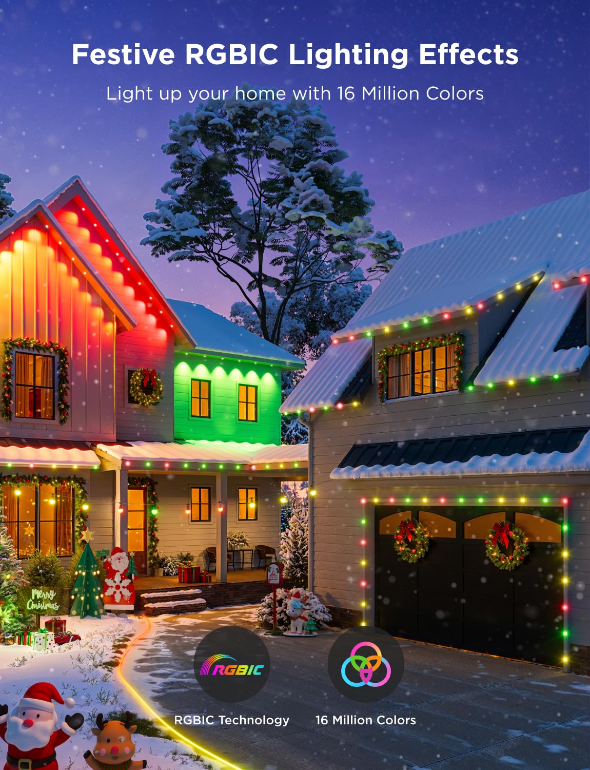 Govee RGBIC color effects create dynamic holiday lighting.
