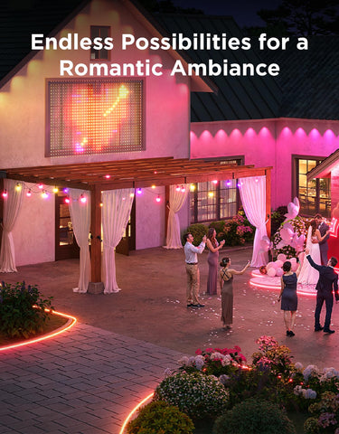Govee outdoor lights with warm white bulbs create cozy backyard lighting.