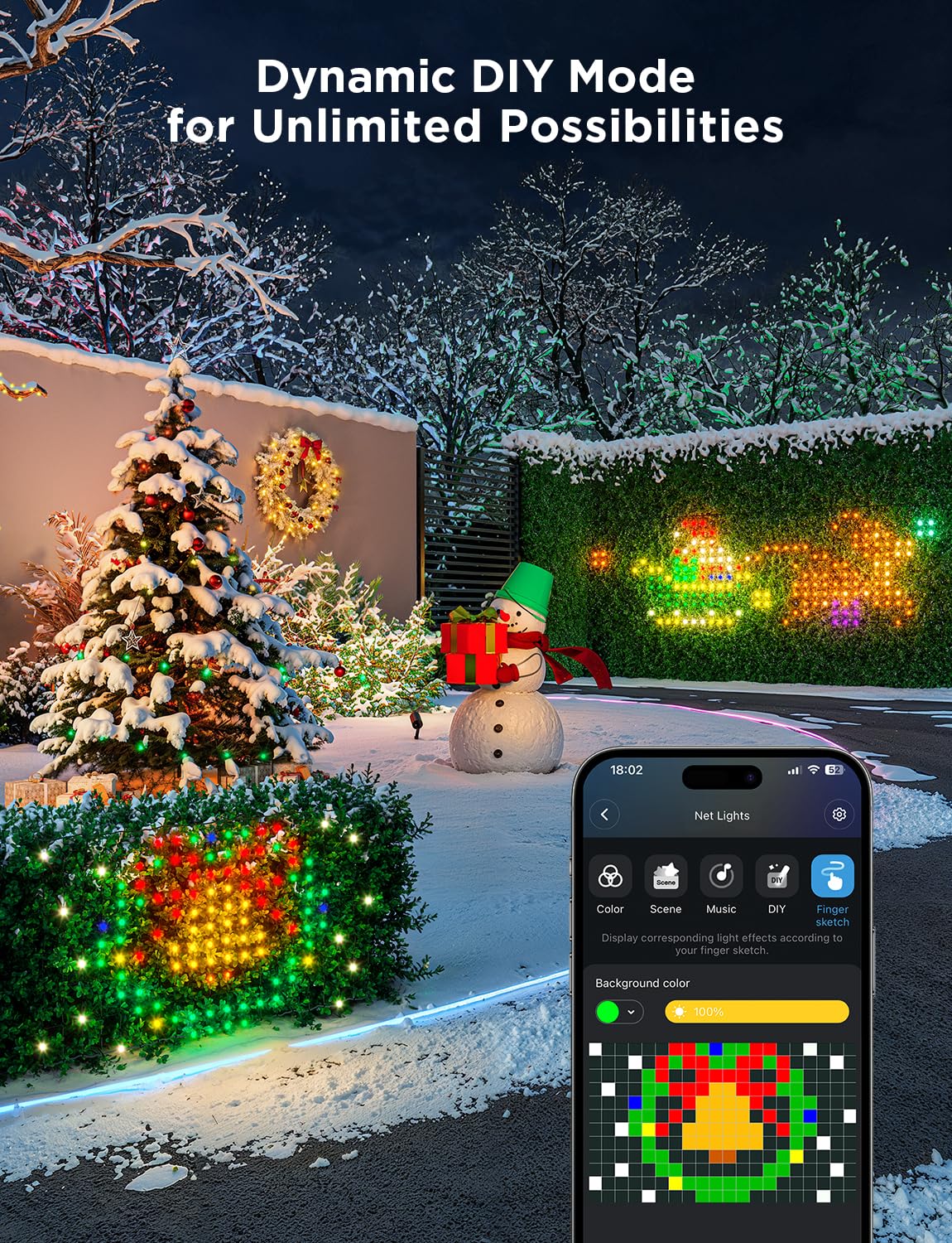 Govee RGBIC color control on outdoor net lights for vibrant exterior lighting
