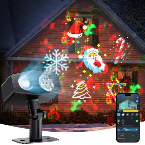 Govee outdoor projector displays a snowflake pattern for festive lighting.