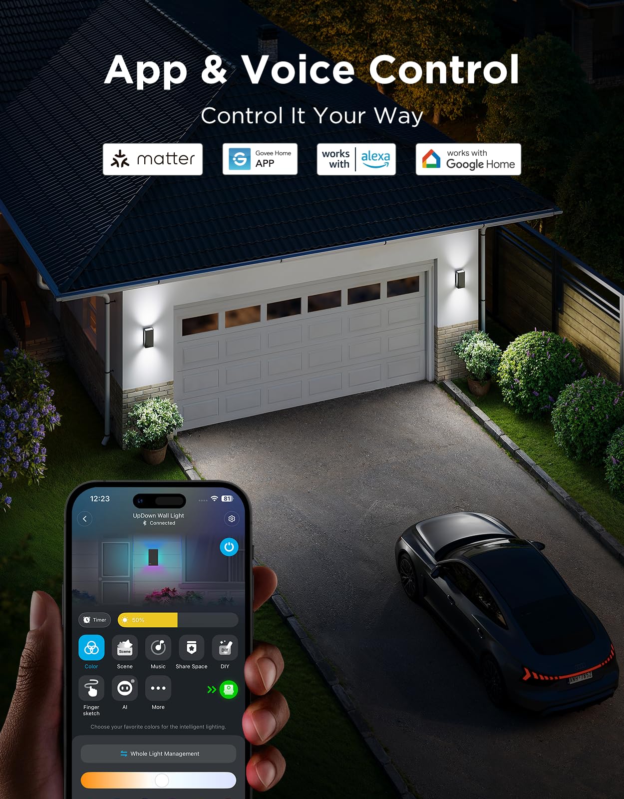 Govee UpDown Wall Light displaying 64 scene modes for outdoor ambiance.