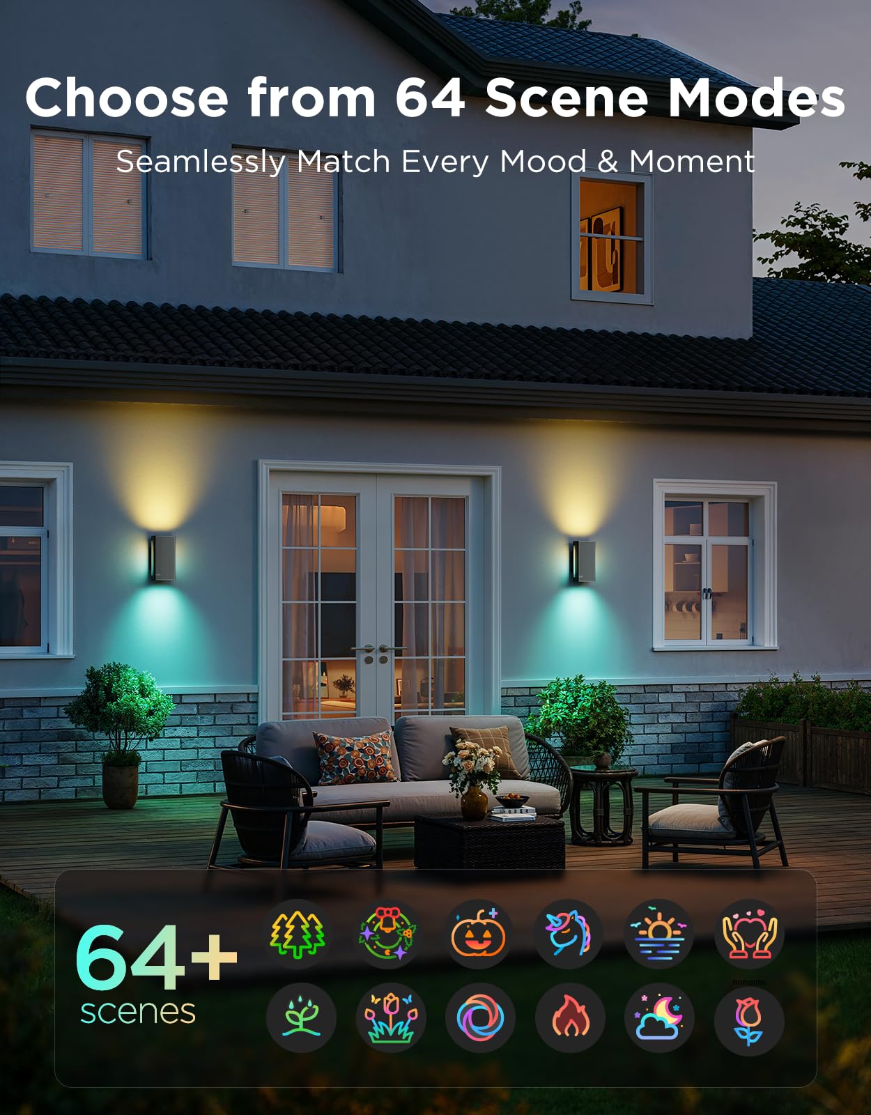 Govee RGBICWW LEDs with ambient strips for colorful exterior scenes.