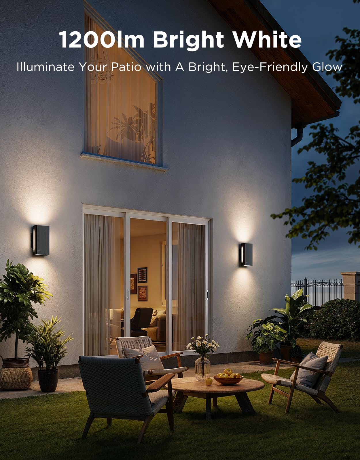 Govee Outdoor UpDown Wall Light upward illumination creating ambient facade glow.