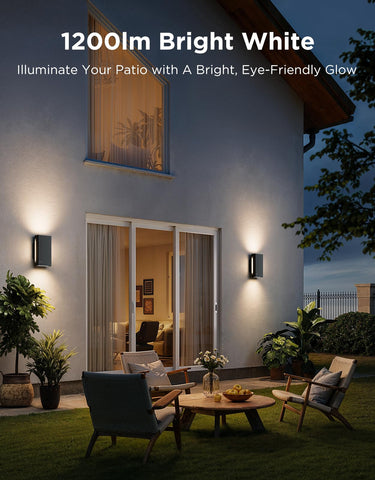 Govee Outdoor UpDown Wall Light upward illumination creating ambient facade glow.