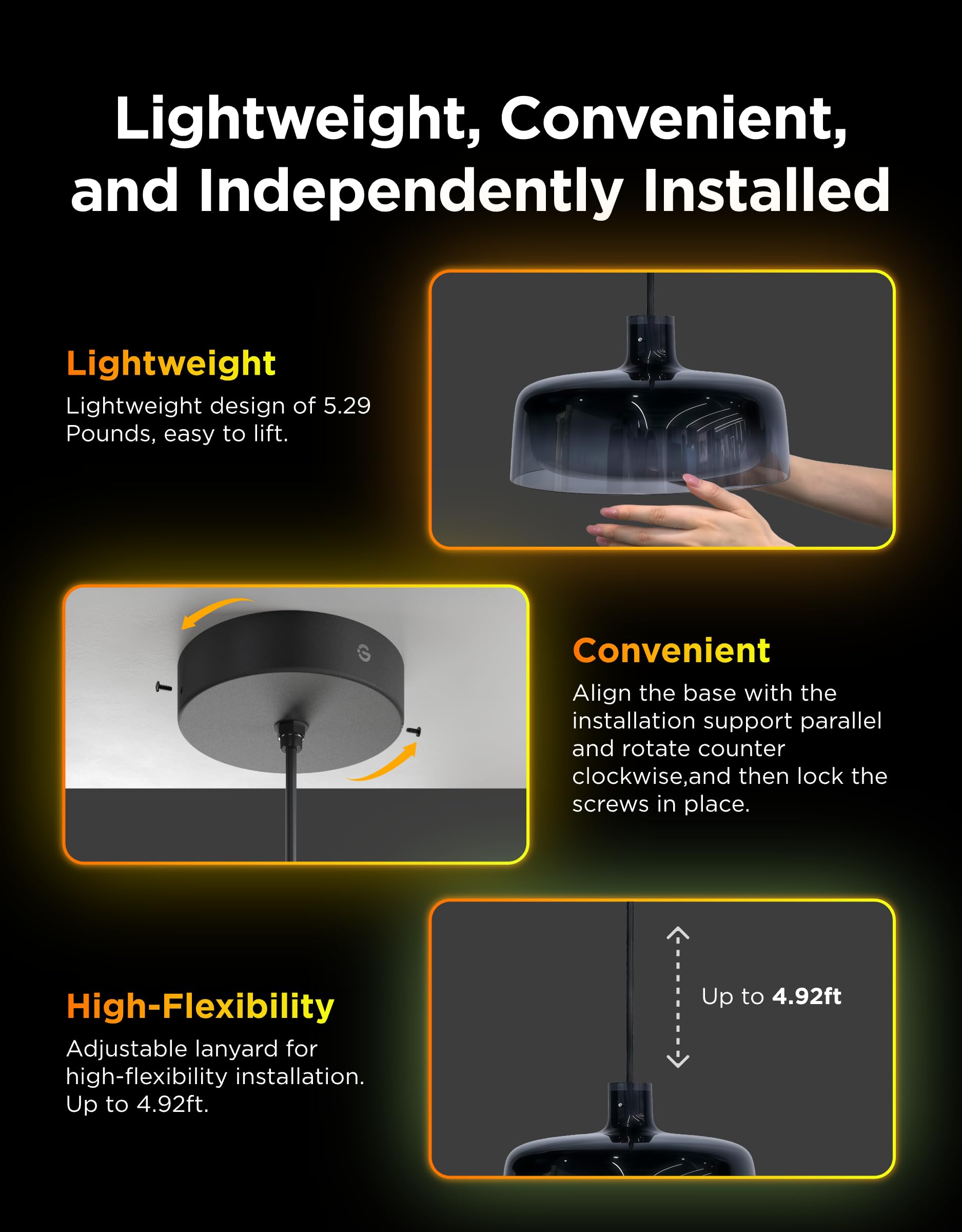 Govee pendant light lightweight design allows easy one-person installation.