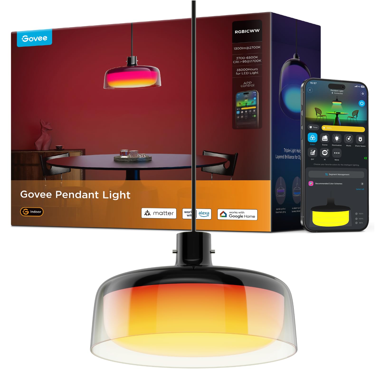 Govee pendant light over kitchen island providing bright, even illumination for cooking and entertaining.