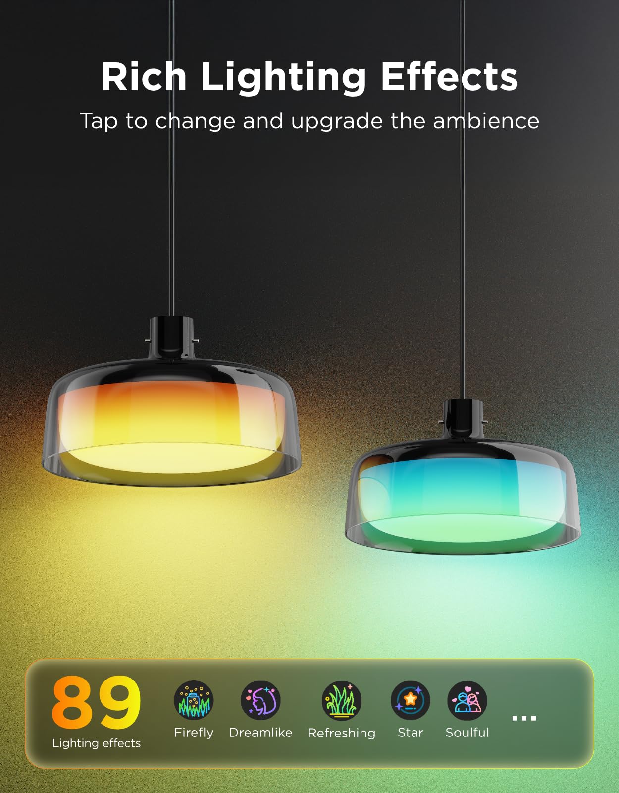Govee pendant light RGBIC effects with 80 presets for dynamic scenes.