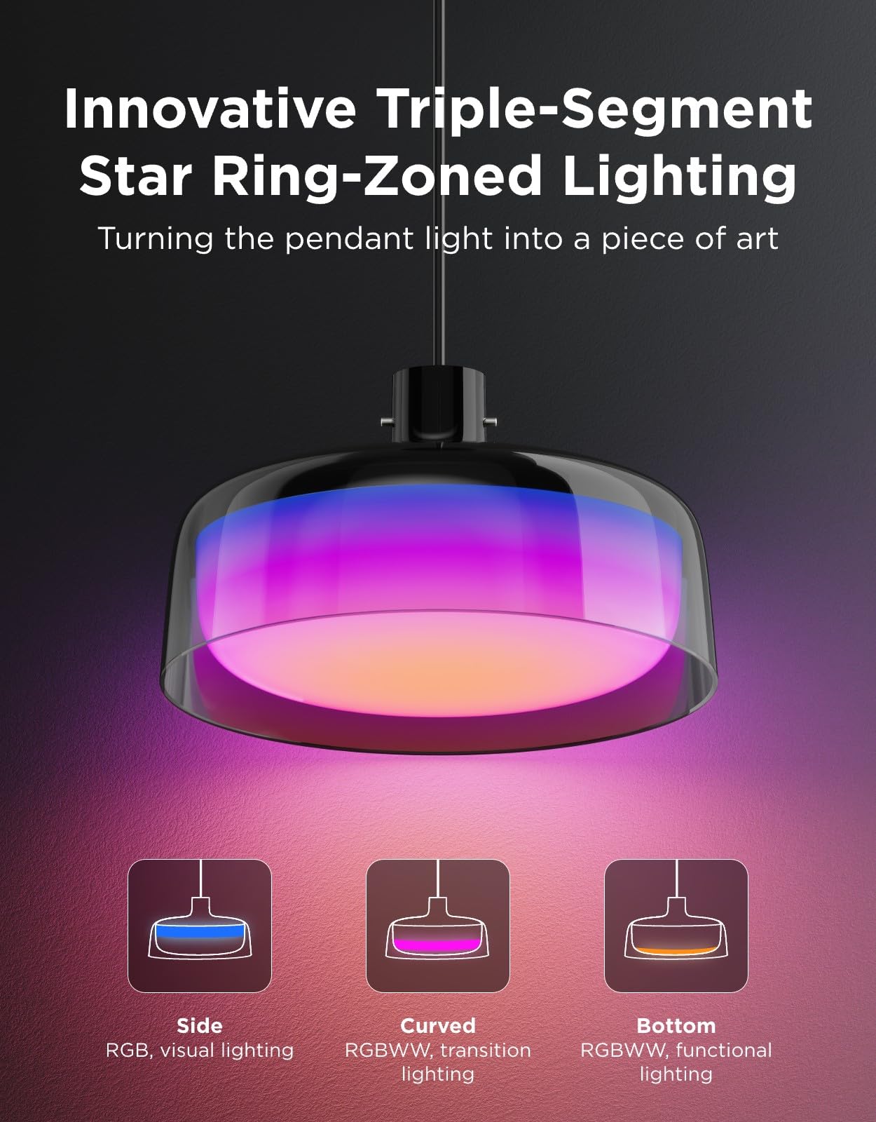 Govee pendant light three-layer lighting on the side and bottom creates immersive ambiance.