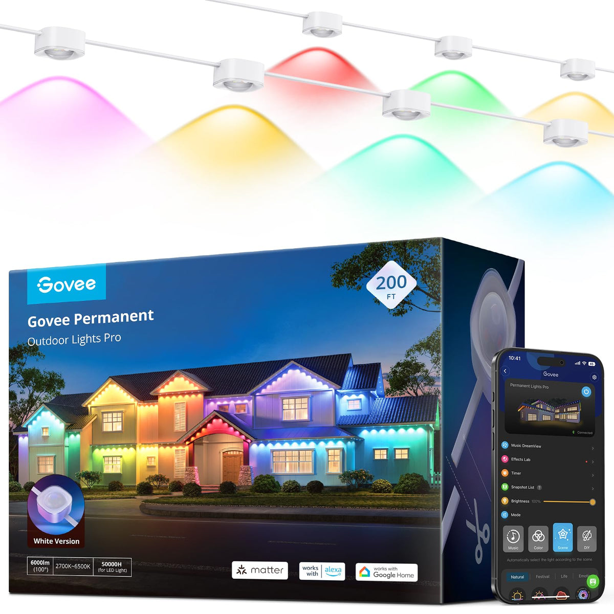 Govee Permanent Lights Pro 200ft outdoor LEDs illuminate eaves with vibrant color.