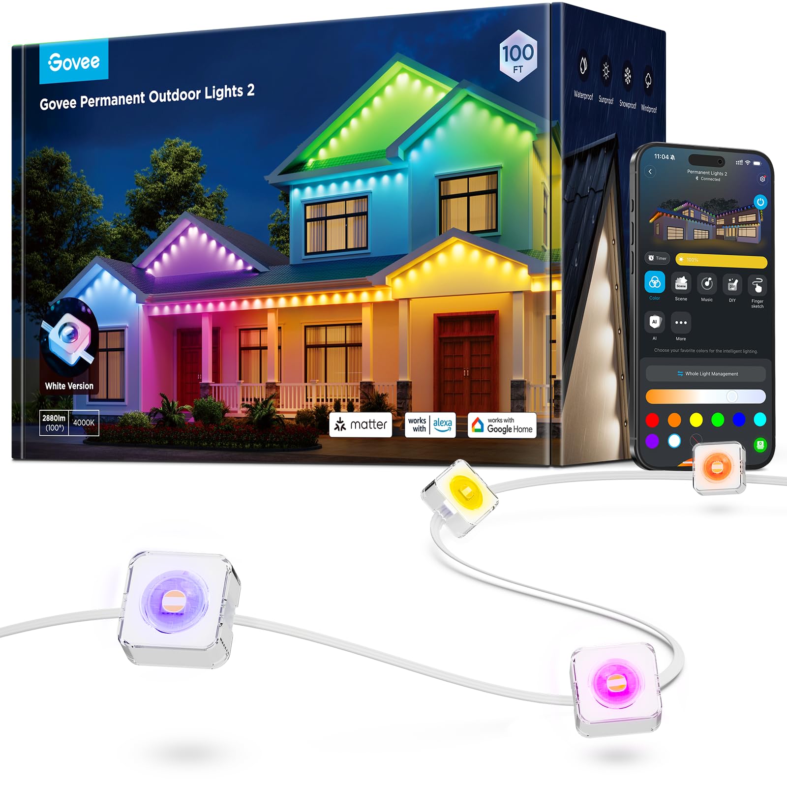 Govee Permanent Outdoor Lights 2 100ft RGBIC LEDs brighten outdoor spaces with vivid color options