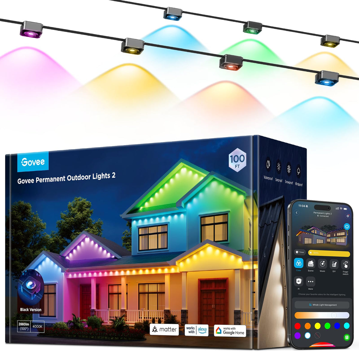 Govee Permanent Outdoor Lights 2 150ft RGBIC LED strip lights the house facade with vivid color.