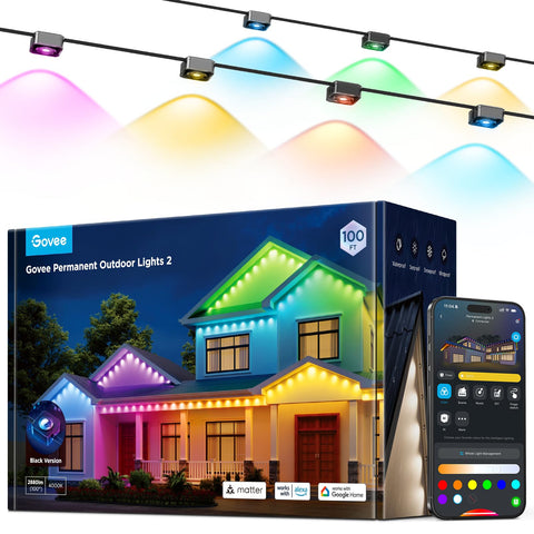 Govee Permanent Outdoor Lights 2 150ft RGBIC LED strip lights the house facade with vivid color.