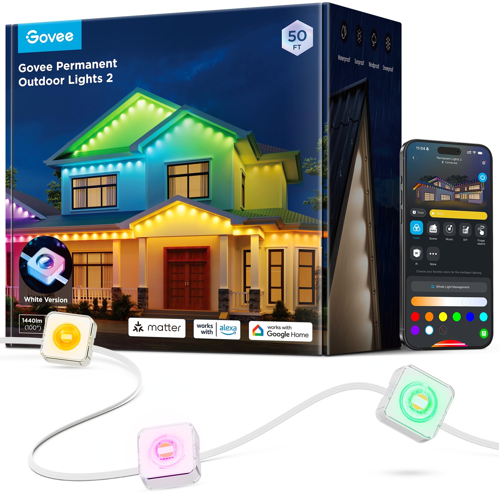 Govee Permanent Outdoor Lights 2 RGBIC LEDs deliver vibrant outdoor color options.