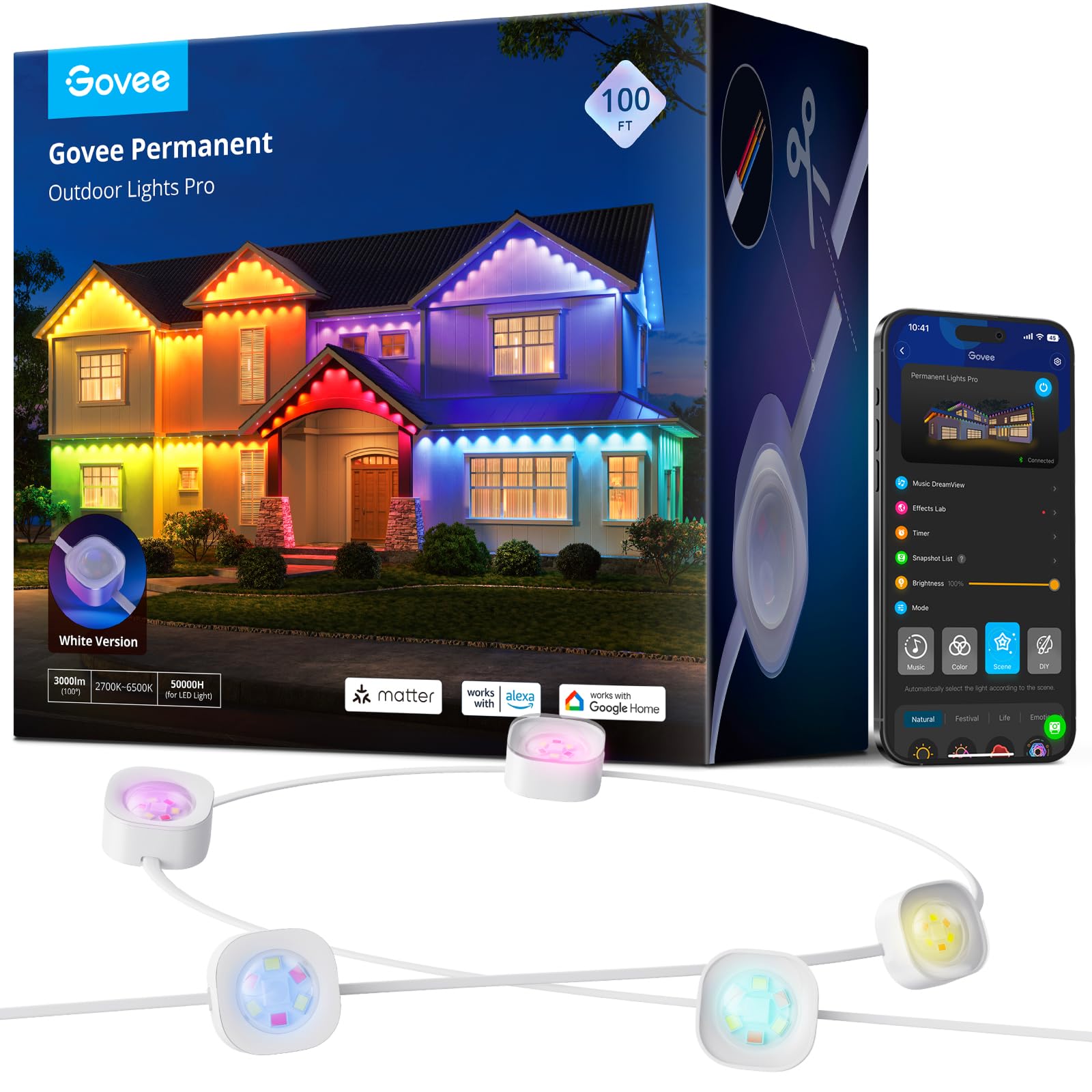 Govee Permanent Outdoor Lights Pro 100ft exterior decor lighting enhances curb appeal at night