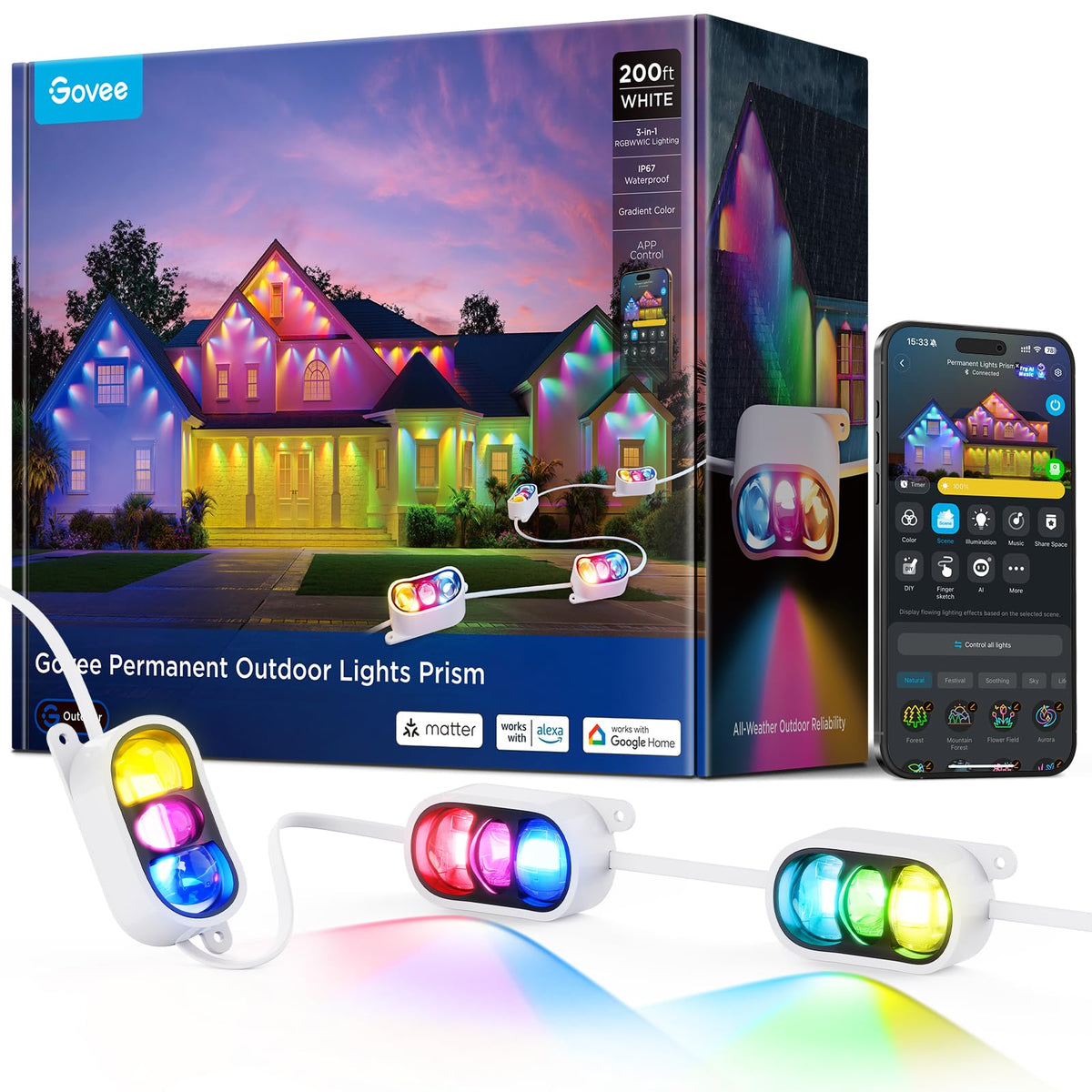 Govee Prism outdoor lights illuminate 200ft of space with vibrant, customizable color zones.