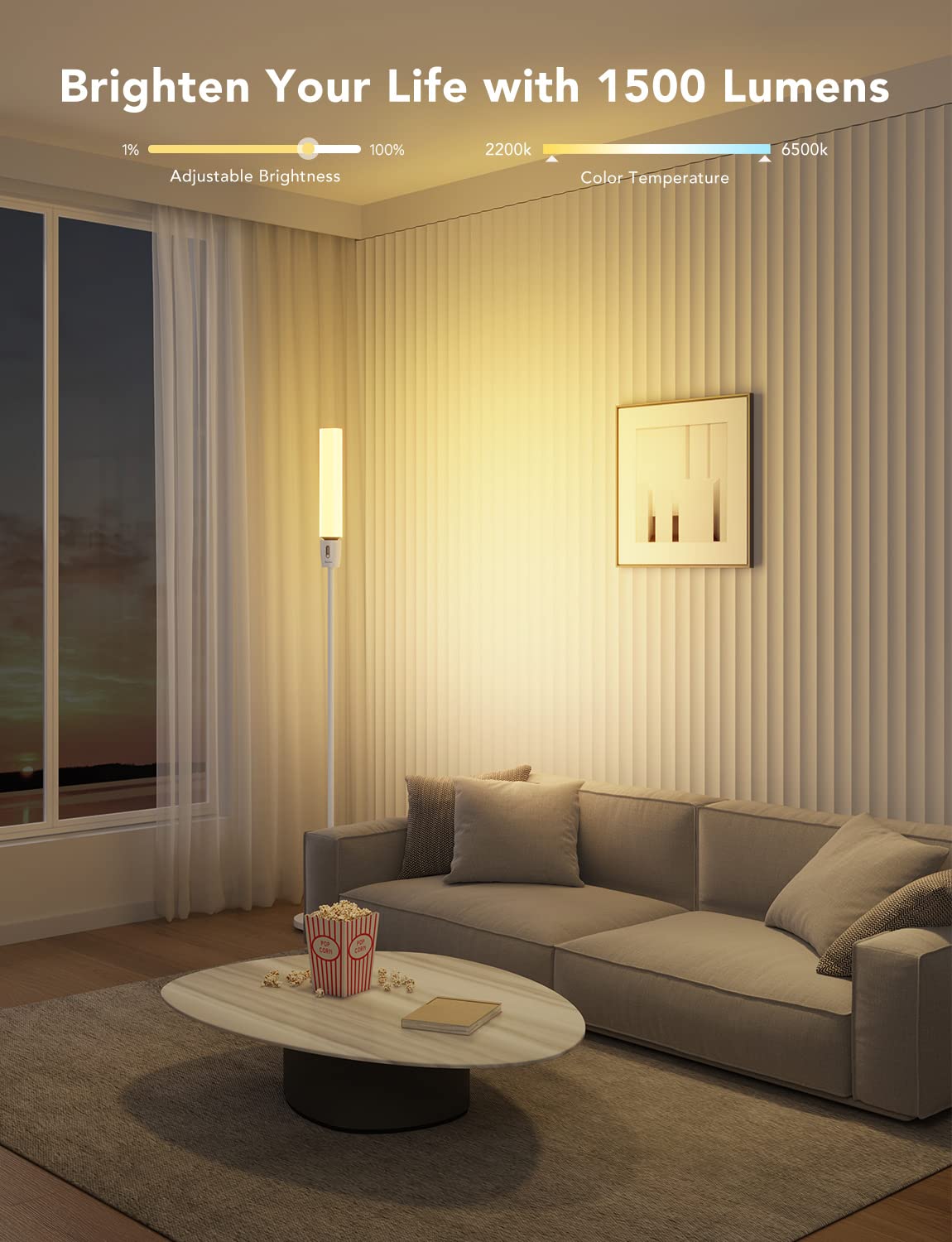 Govee RGBIC Cylinder Floor Lamp with dynamic colors supports party or movie nights.