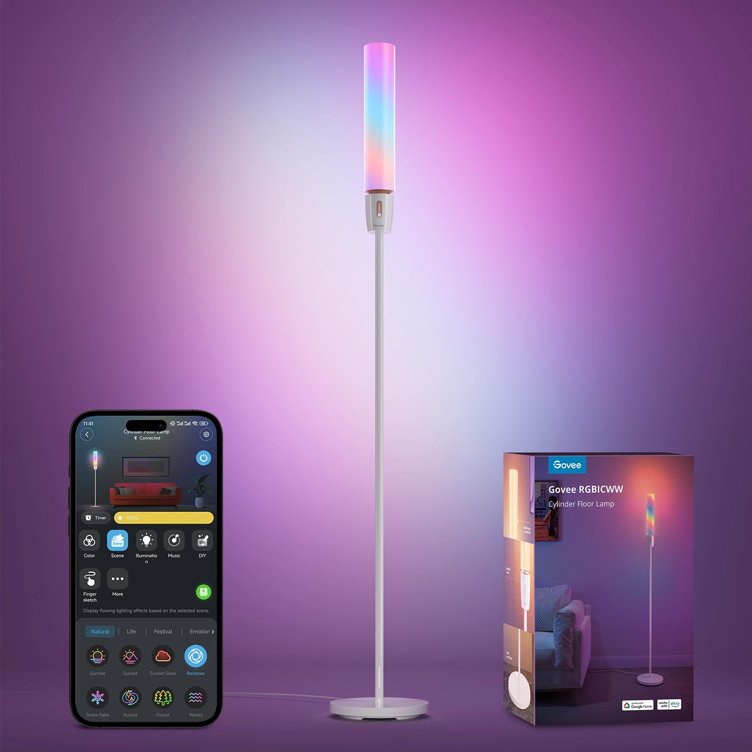 Govee RGBIC Cylinder Floor Lamp front view shows immersive color options for any room.