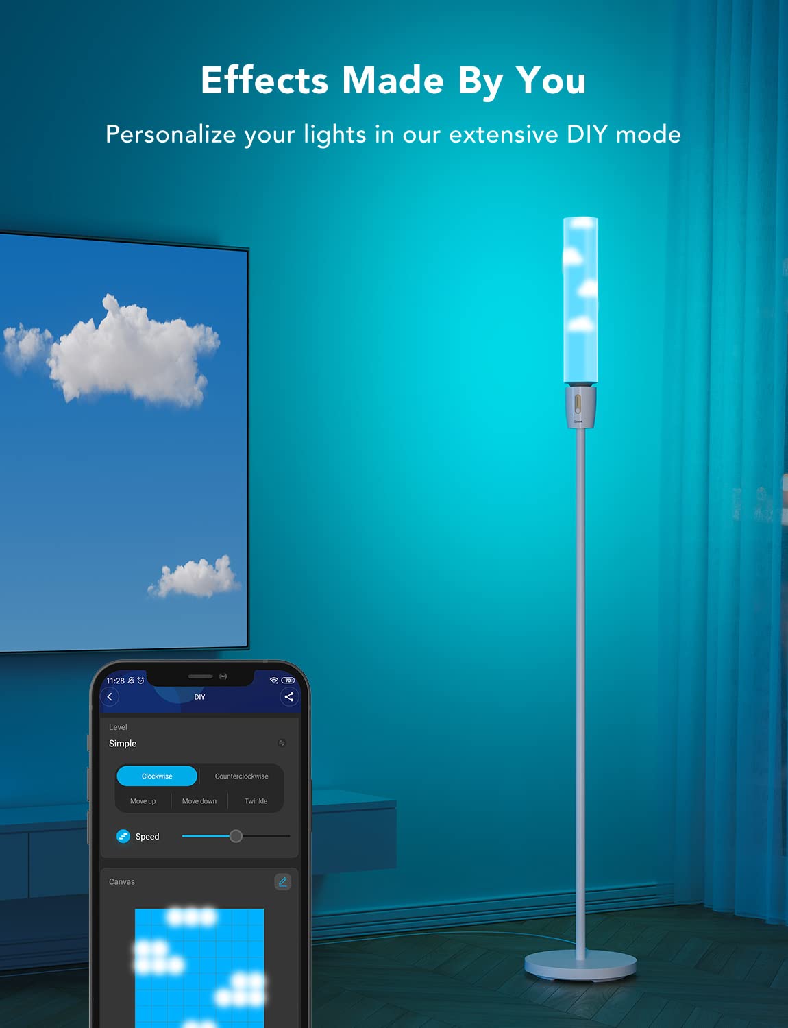 Govee RGBIC Cylinder Floor Lamp lit in living room offers 360 degree ambient lighting.