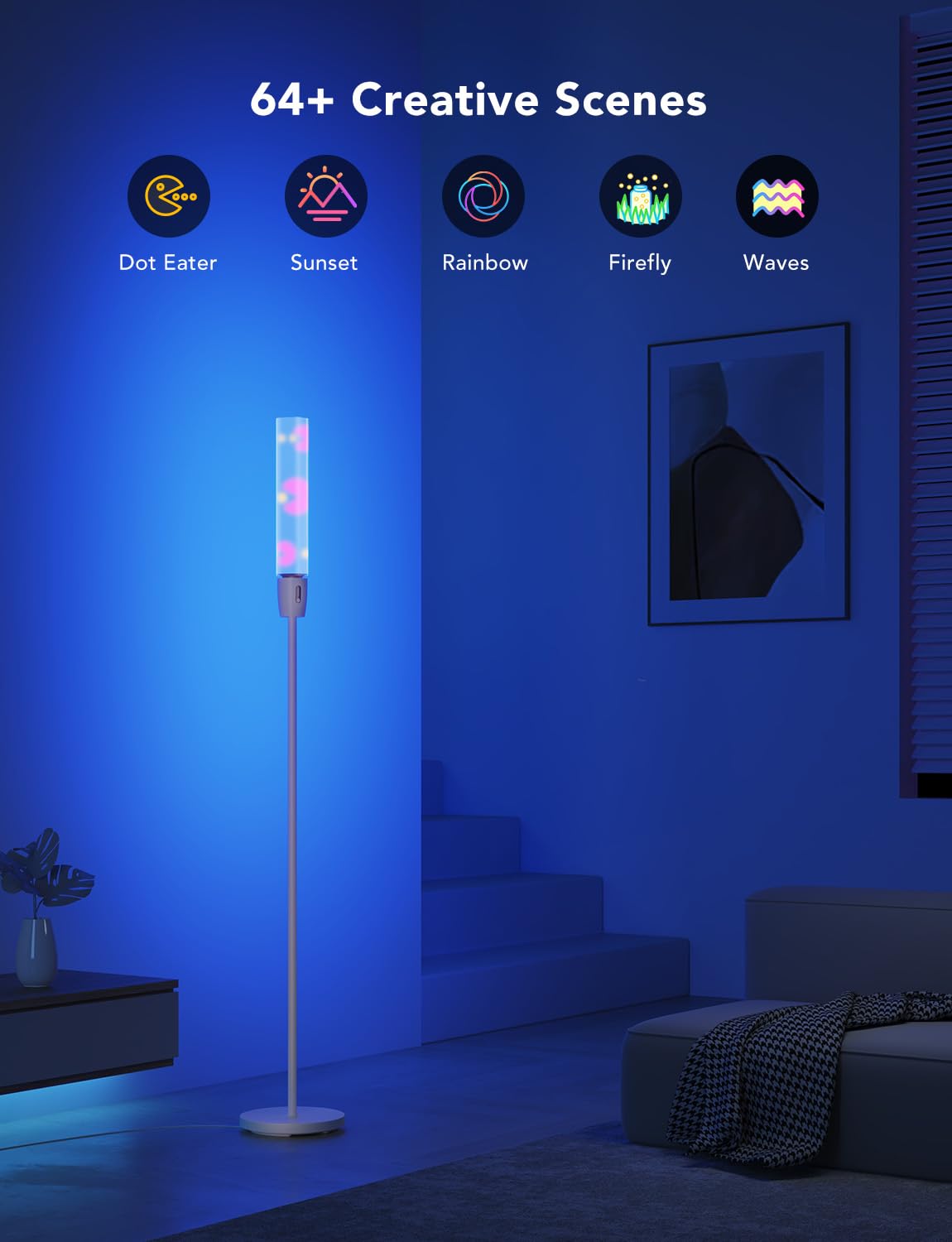 Govee RGBIC Cylinder Floor Lamp Wi-Fi setup in minutes and smart home ready.