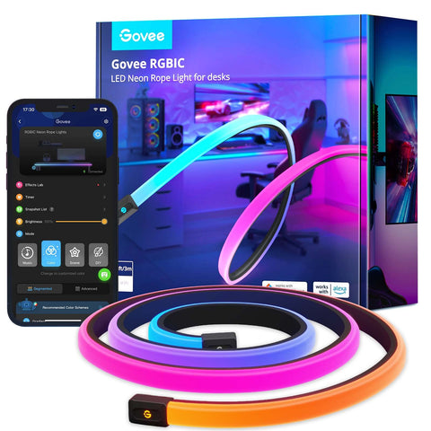 Govee RGBIC gaming lights on desk with vivid color zones