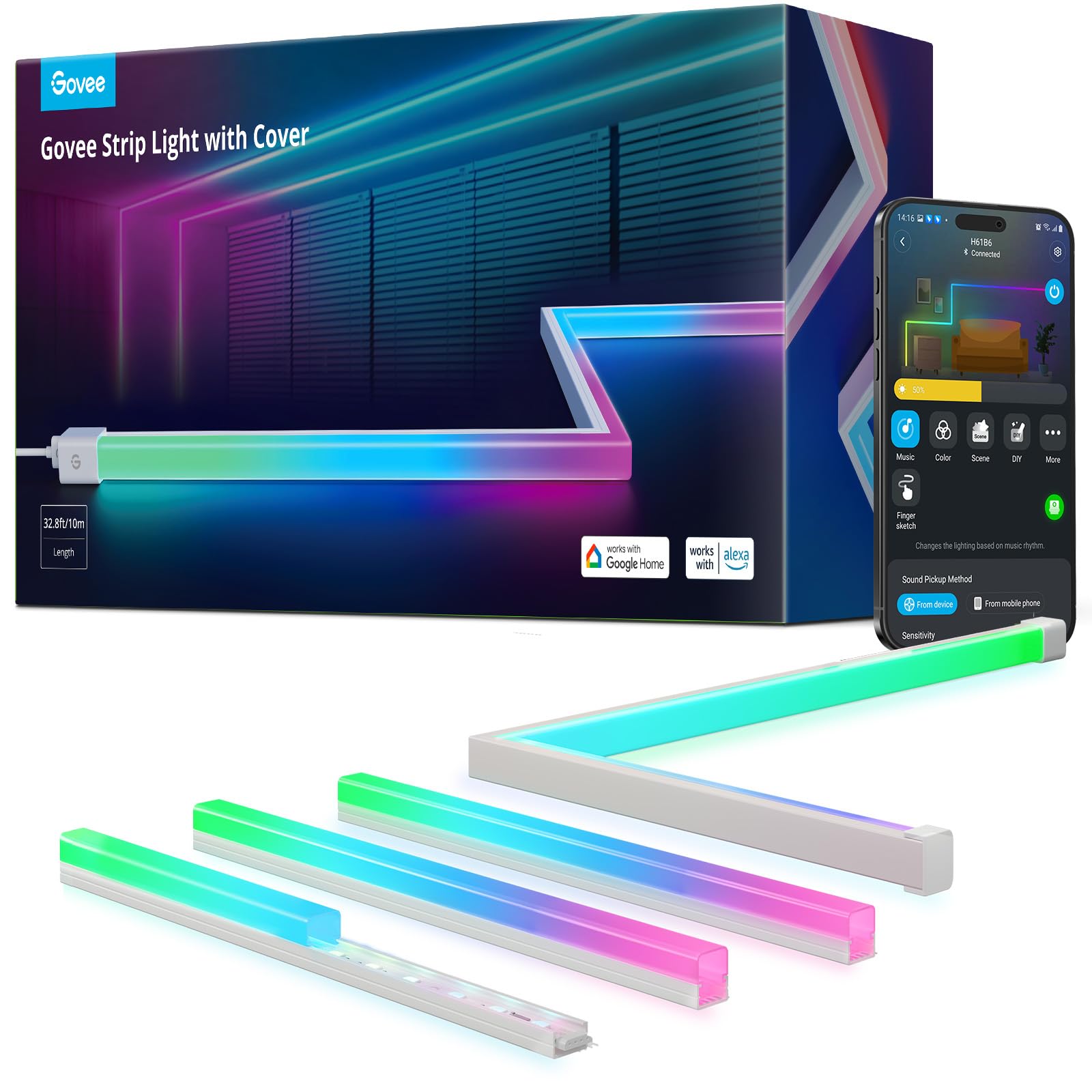 Govee RGBIC LED strip with covers for versatile ambient lighting in living rooms.