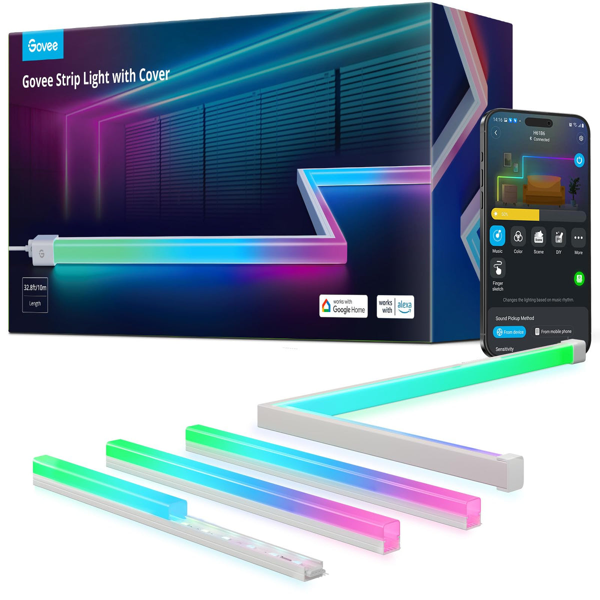 Govee RGBIC LED strip with covers for versatile ambient lighting in living rooms.
