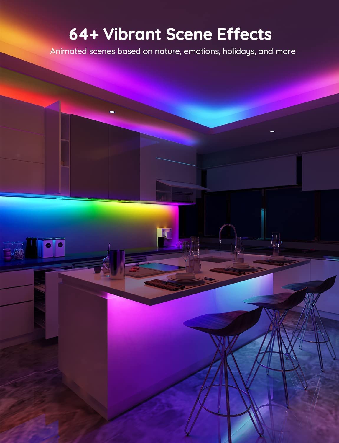 Govee RGBIC LED strip displaying segmented colors on a living room wall