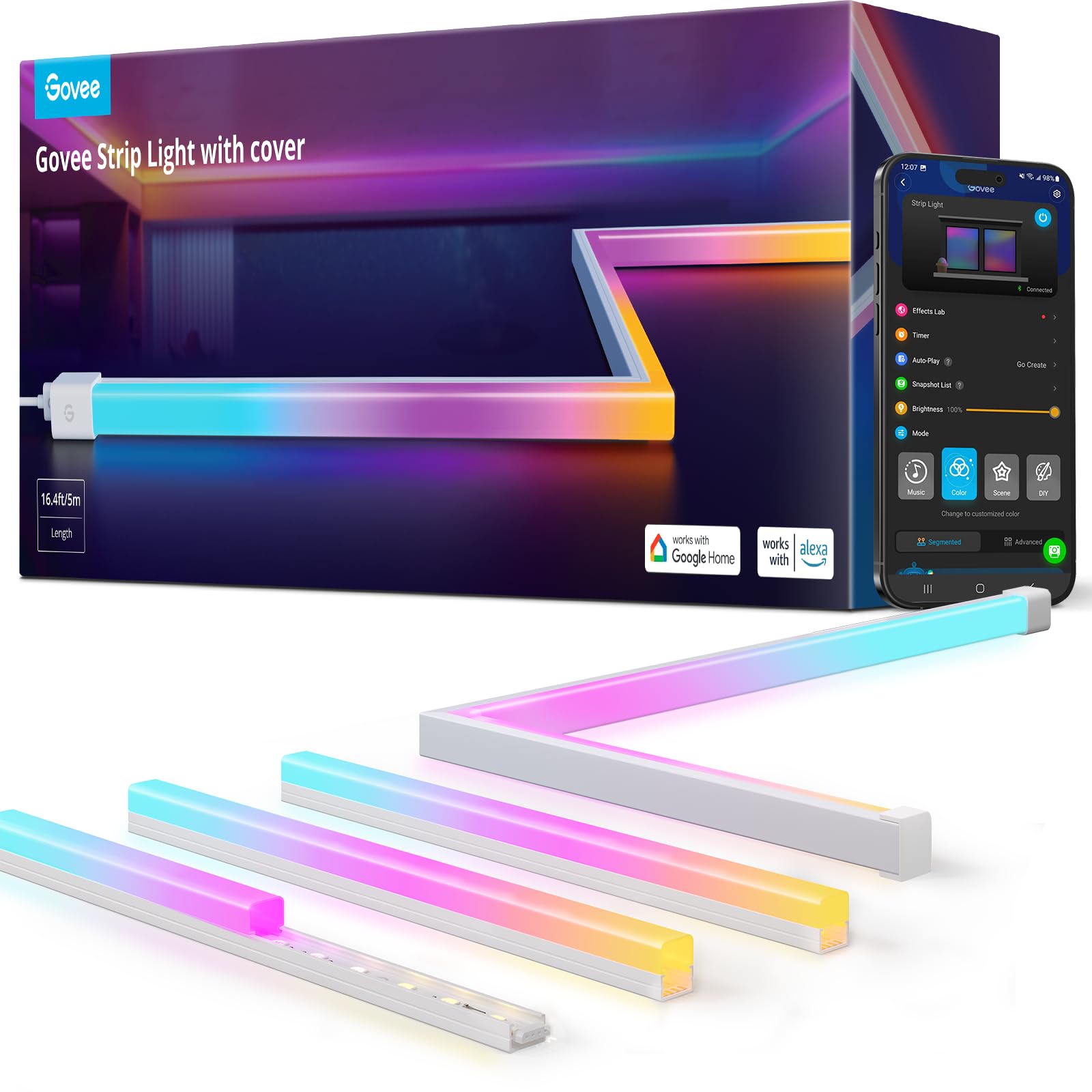Govee RGBIC LED strip lights 16ft with covers for ambient room lighting
