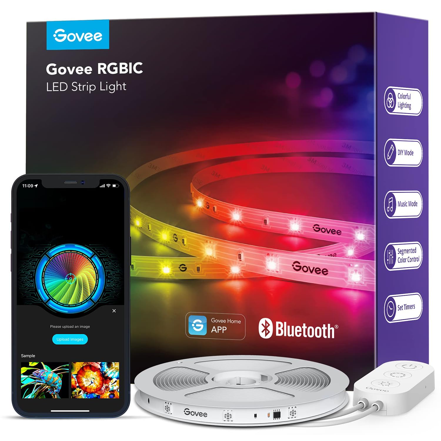 Govee RGBIC LED strip lights create vibrant ambient color in the bedroom.
