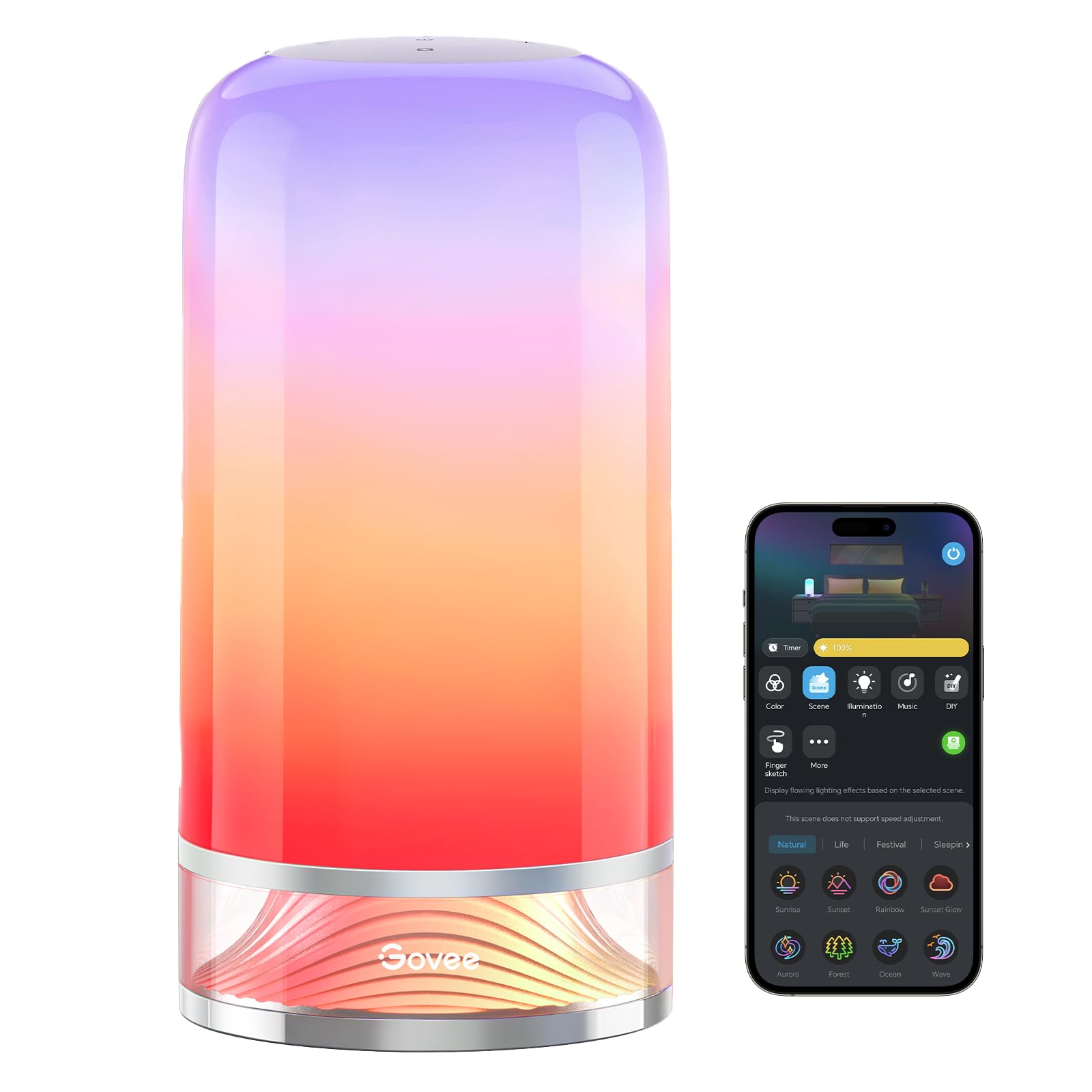 Govee RGBIC Smart Table Lamp 2 ambient scenes brighten living spaces with vibrant, customizable colors.