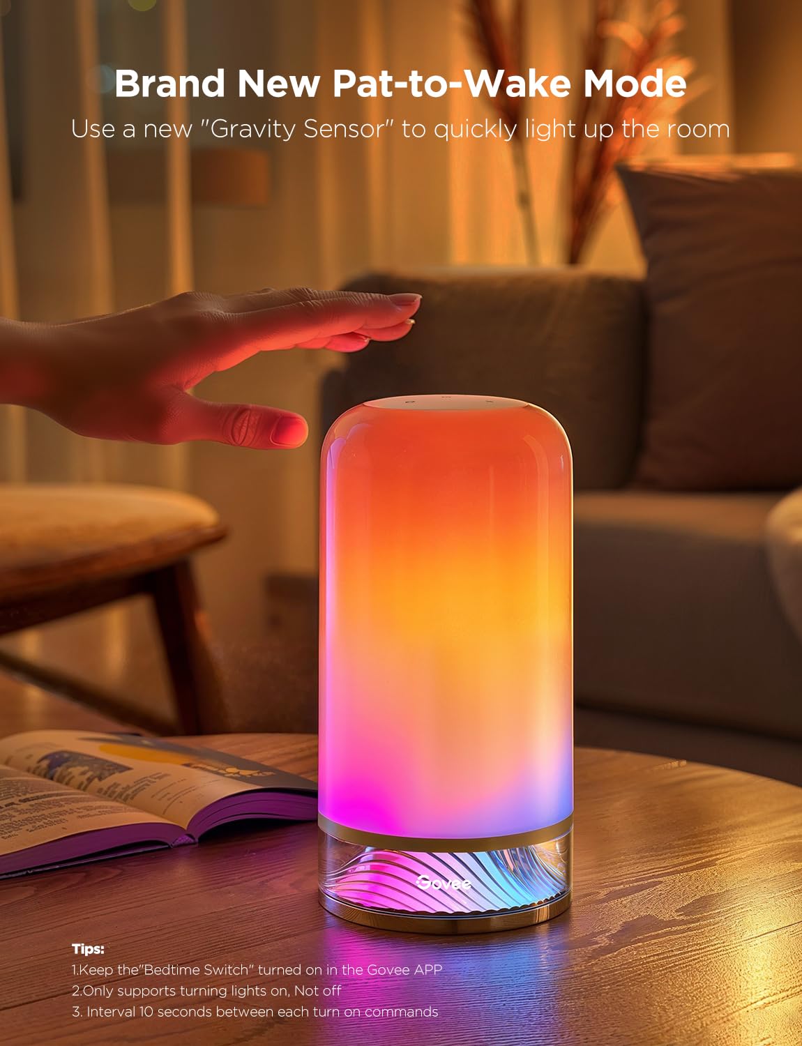 Govee RGBIC Smart Table Lamp 2 pat-to-wake feature for quick night lighting.