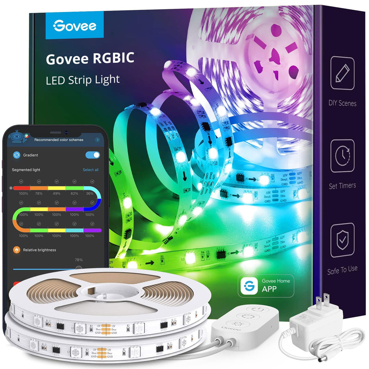 Govee RGBIC strip lights with segmented color control for vibrant room ambience.