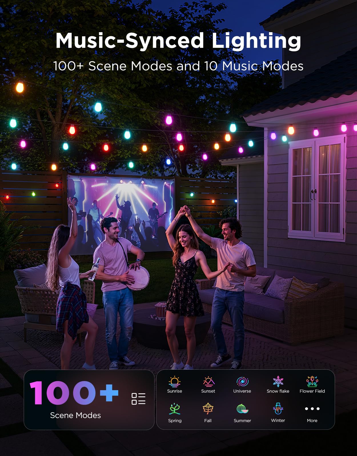 Govee S14 built-in mic syncs lights to music for outdoor parties.