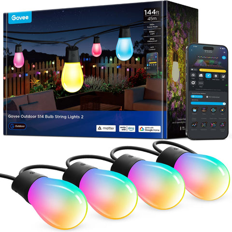 Govee S14 outdoor string lights extended over a 144 ft patio for vibrant evening ambience