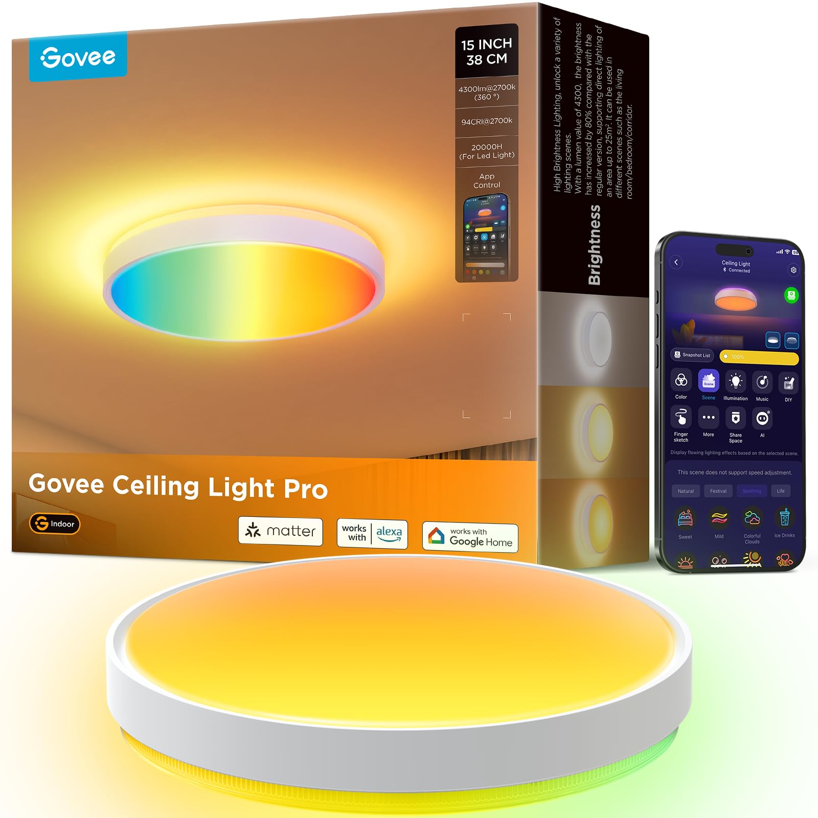 Govee smart ceiling light flush mount in bedroom provides bright, even illumination.