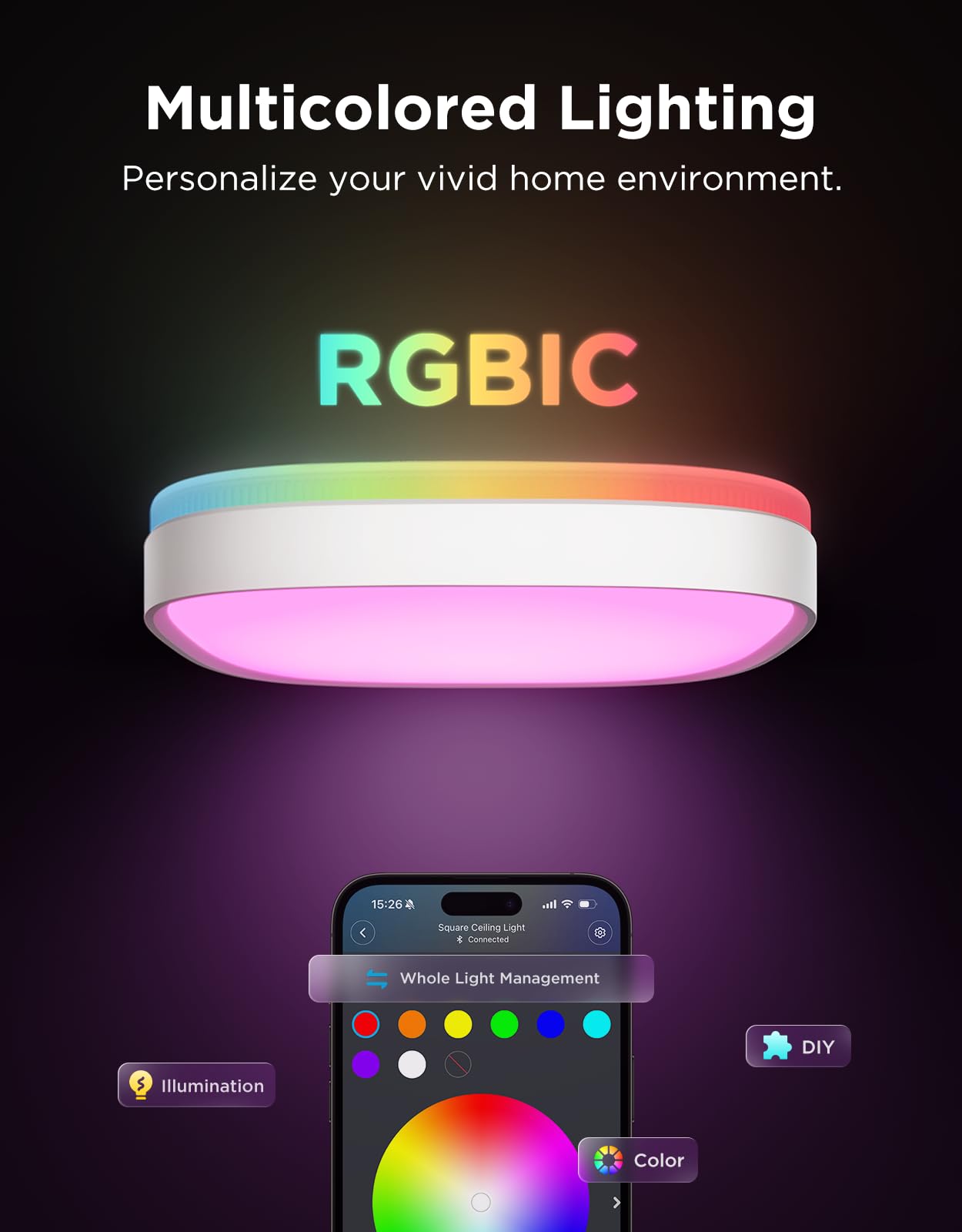 Govee Smart Ceiling Light back light showing multi-color illumination options