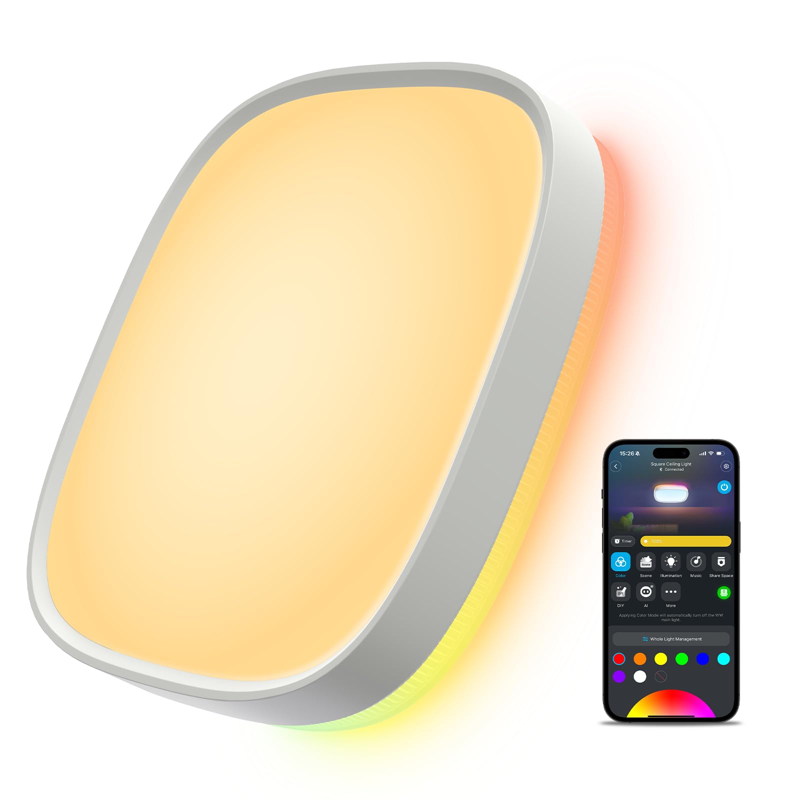 Govee Smart Ceiling Light front view with RGBIC square panel for vibrant lighting