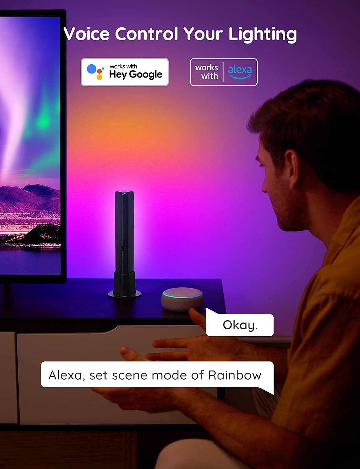 Govee light bar in creative scene shows music-reactive lighting.