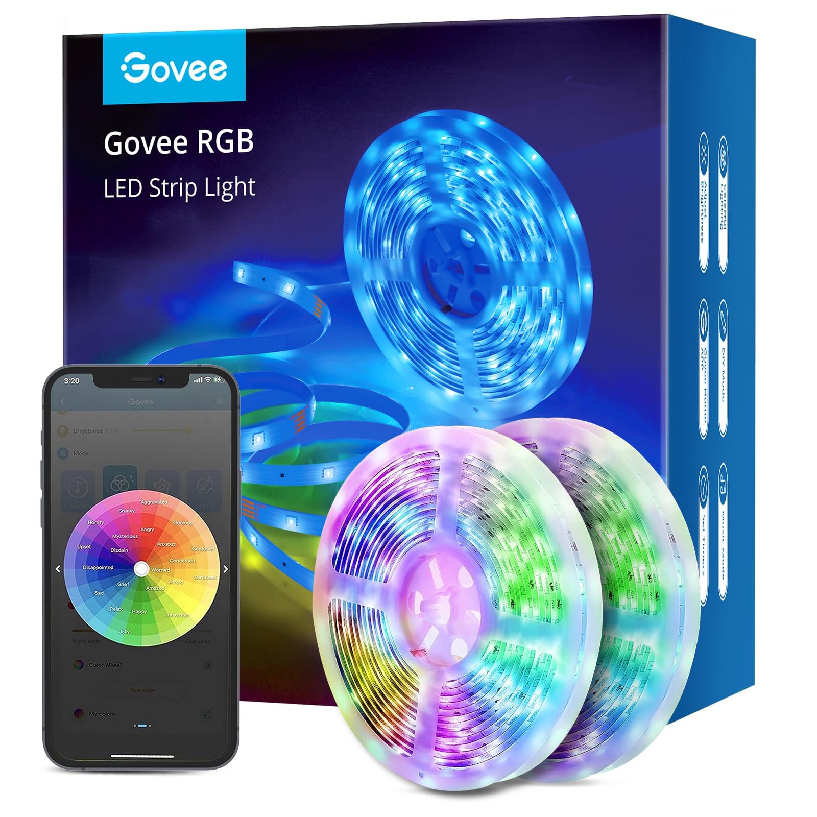 Govee smart LED strip lights brighten 65.6 ft with WiFi color control.