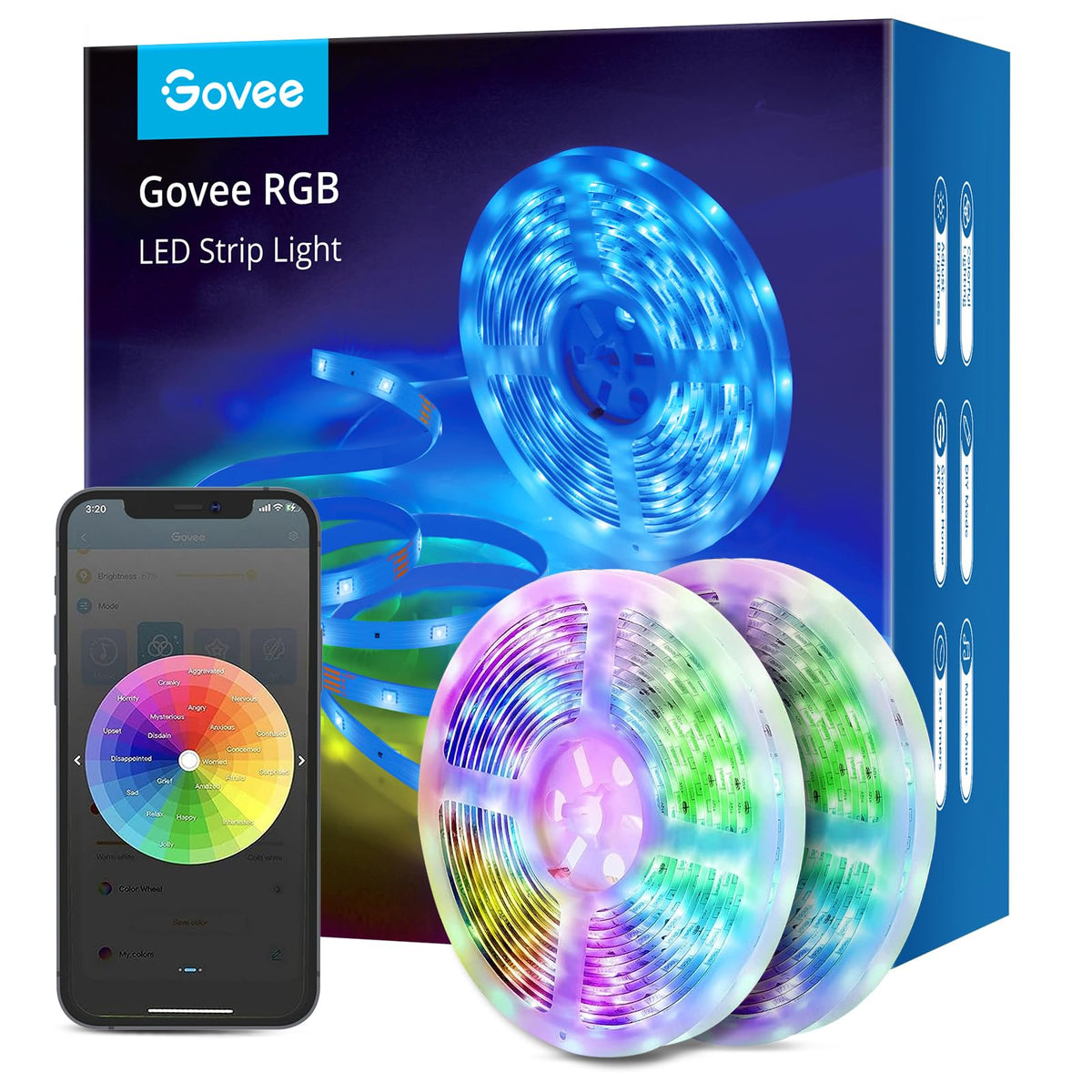 Govee smart LED strip lights brighten 65.6 ft with WiFi color control.
