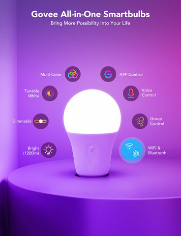 Govee RGBWW bulbs offer dimmable color temperature for mood and focus.