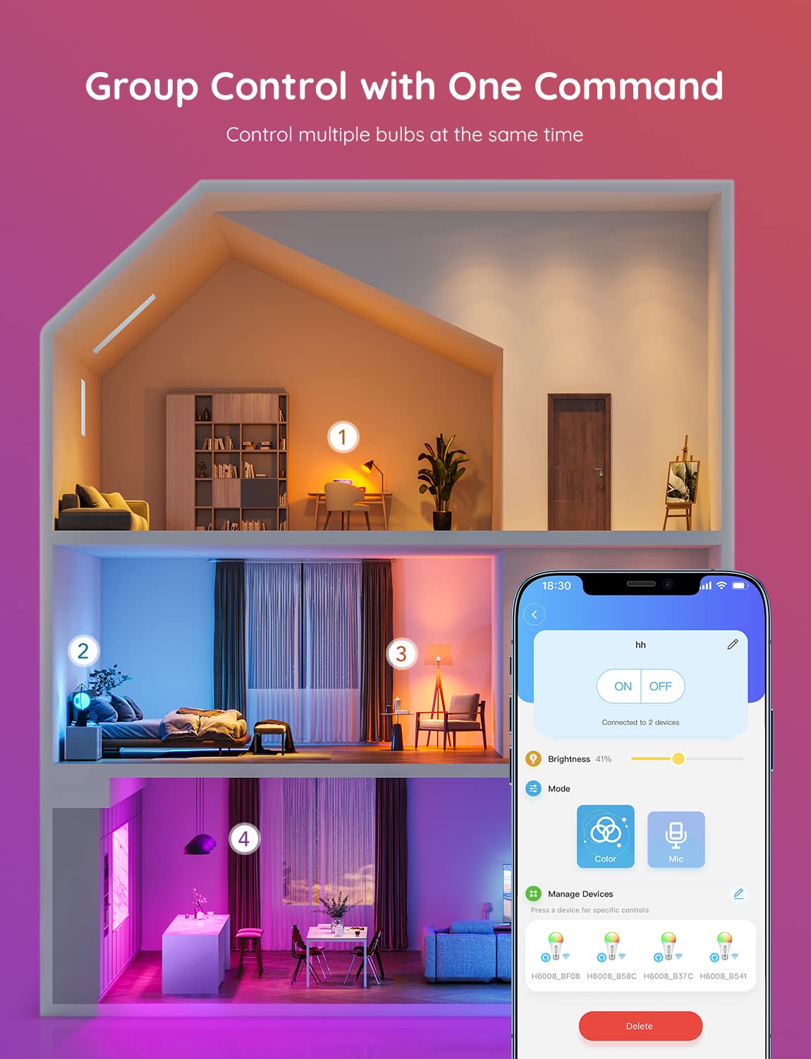 Group control to synchronize multiple bulbs across rooms.