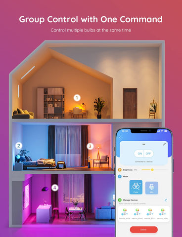 Group control to synchronize multiple bulbs across rooms.