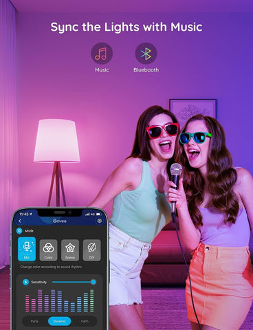 Govee lighting with music sync reacting to sound for immersive ambiance.