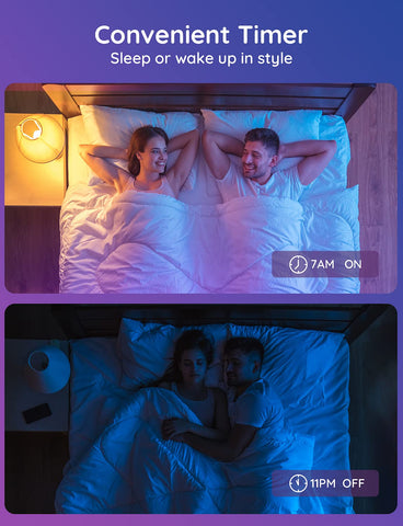 Sunrise and sunset timers gradually brighten or dim for routines.