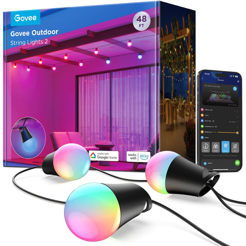 Govee Smart Outdoor String Lights 48ft installation for easy patio setup and ambiance.